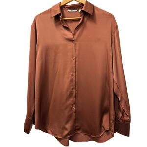 Uniqlo Satin Button Down Blouse Brown Long Sleeve Shirt Size M Minimalist
